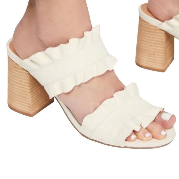Free People Beige Rosie Mule Heel Slip On Ruffle Block Heel Sandal Size 40 - Picture 1 of 12